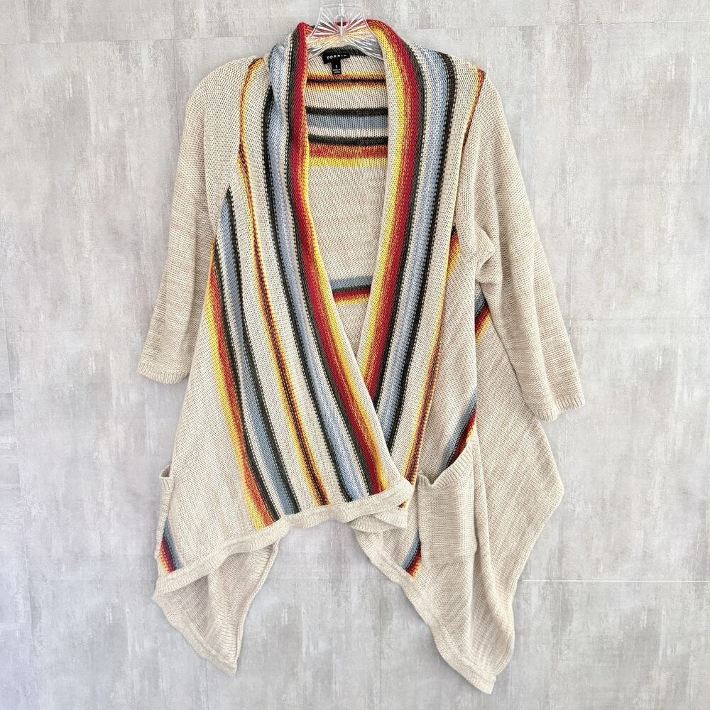 Torrid Sweater Womens 1X Tan Colorful Open Front Boho Southwestern Cardigan Knit